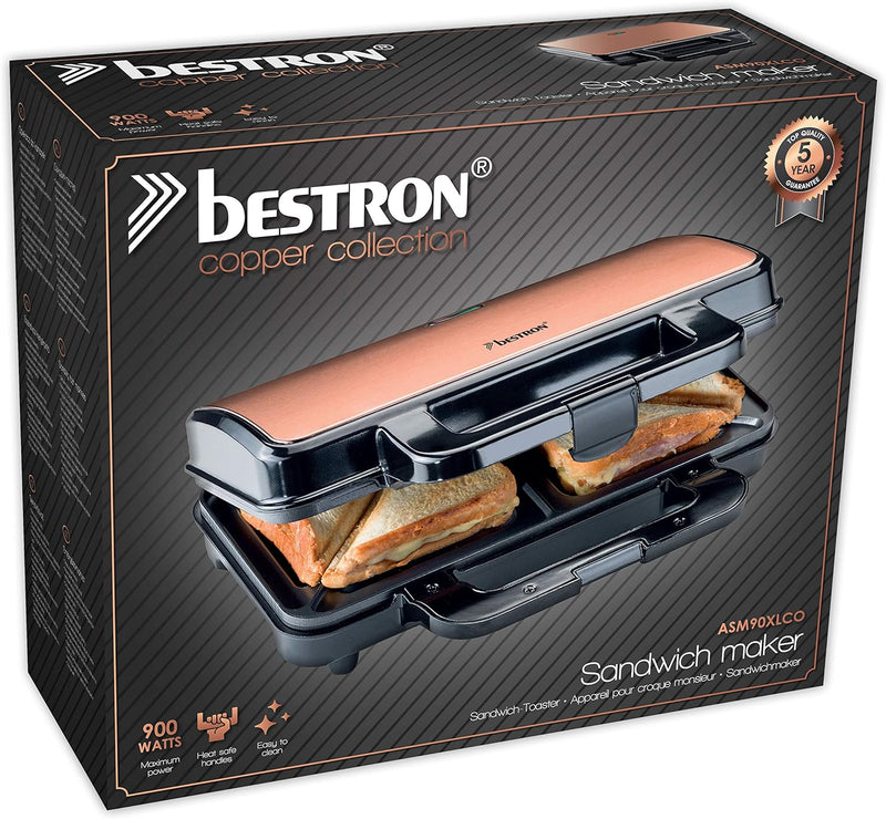Bestron XL Sandwichmaker, Antihaftbeschichteter Sandwich-Toaster für 2 Sandwiches, 900 Watt, Schwarz