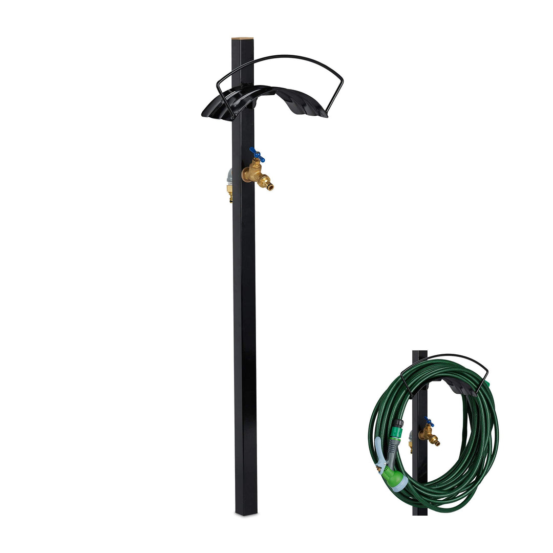 Relaxdays Garten Zapfstelle mit Schlauchhalter, 2X 3/4" Anschlüsse, für 45m Schlauch, Stahl, HBT 107