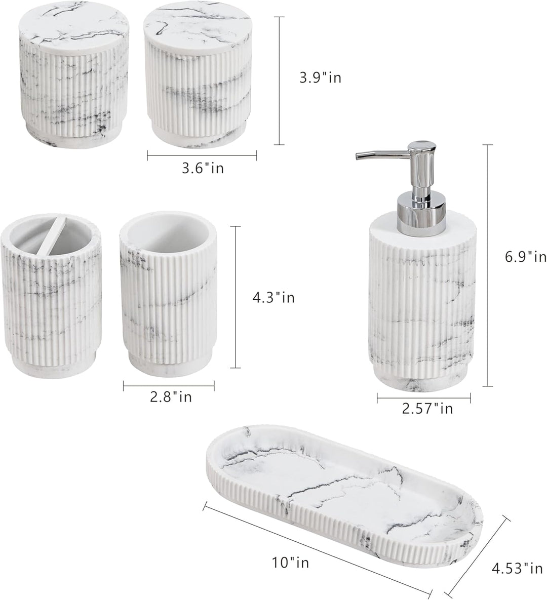 Badezimmer Set 6-TLG | Seifenspender + Zahnputzbecher mit Tablett & Wattestäbchenbox | Design Streif