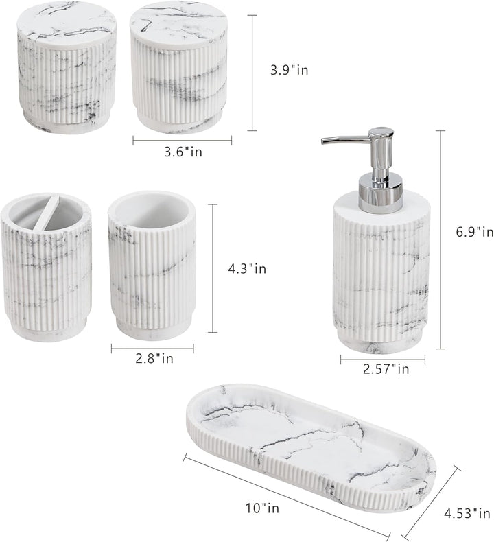 Badezimmer Set 6-TLG | Seifenspender + Zahnputzbecher mit Tablett & Wattestäbchenbox | Design Streif