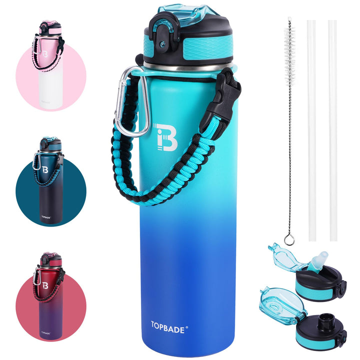 Edelstahl Trinkflasche 1000ml 2 Deckel(mit Strohhalm/Chug), Isolierte Wasserflasche 1Liter, Auslaufs