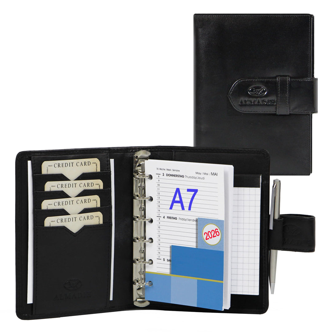 ALMADIH Leder A7 Terminplaner Kalender 2024 Notizblock Premium Rindsleder SCH in Geschenkbox – Leder