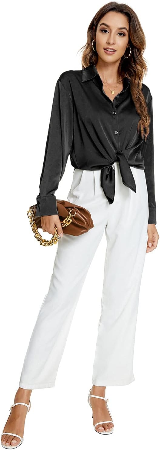 Atnlewhi Damen Bluse Langarm Knöpfen Satin Seide Hemden Basic Kent Kragen Arbeit Büro Formelle Casua