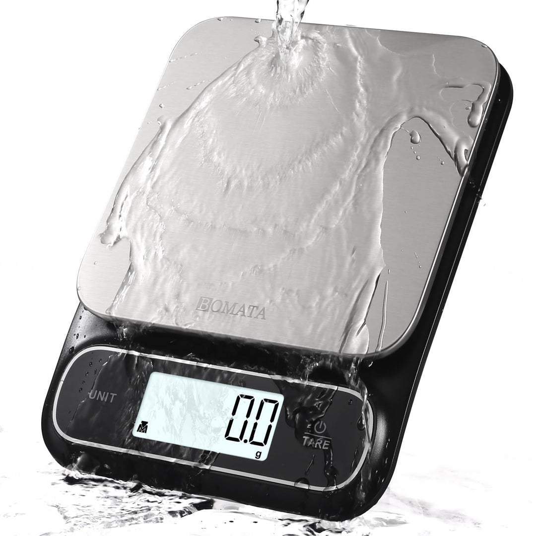 BOMATA Wasserdichte IPX6 Küchenwaage, 0,1g hohe Präzision, 5kg, digitale Waage mit Hintergrundbeleuc