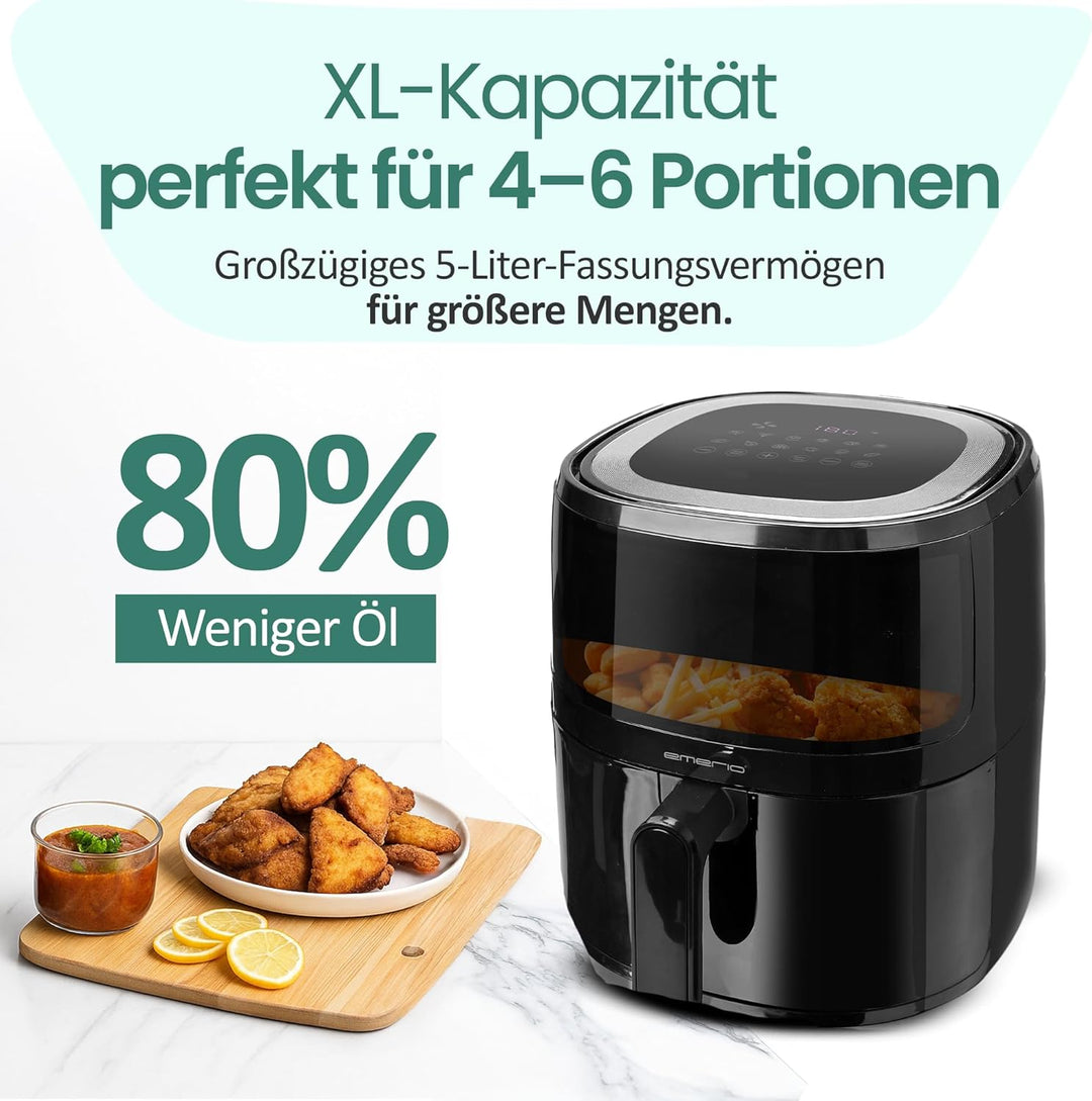 Emerio AF-129329.3 AirFryer, digitale Heissluftfritteuse mit Sichtfenster, 5 l Volumen, 1500 W, Schw