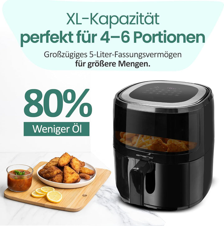 Emerio AF-129329.3 AirFryer, digitale Heissluftfritteuse mit Sichtfenster, 5 l Volumen, 1500 W, Schw