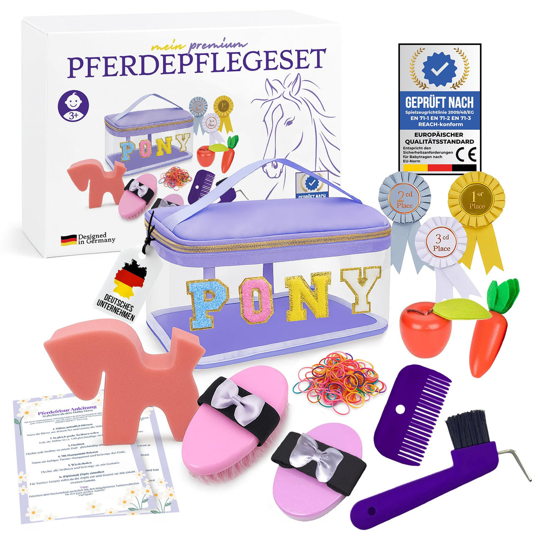 Hobby Horse Zubehör – Echtes Pferdepflegeset & Putztasche für Kinder – Mit Bürsten, Hufkratzer, Schl