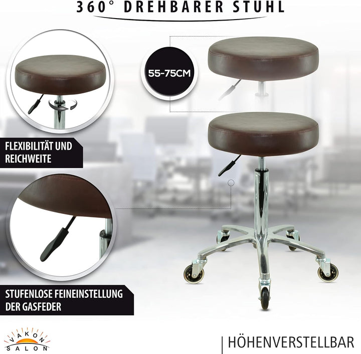 Premium Rollhocker braun höhenverstellbar von 55 bis 75 cm - Rundsitz- Drehhocker Arbeitshocker Prax