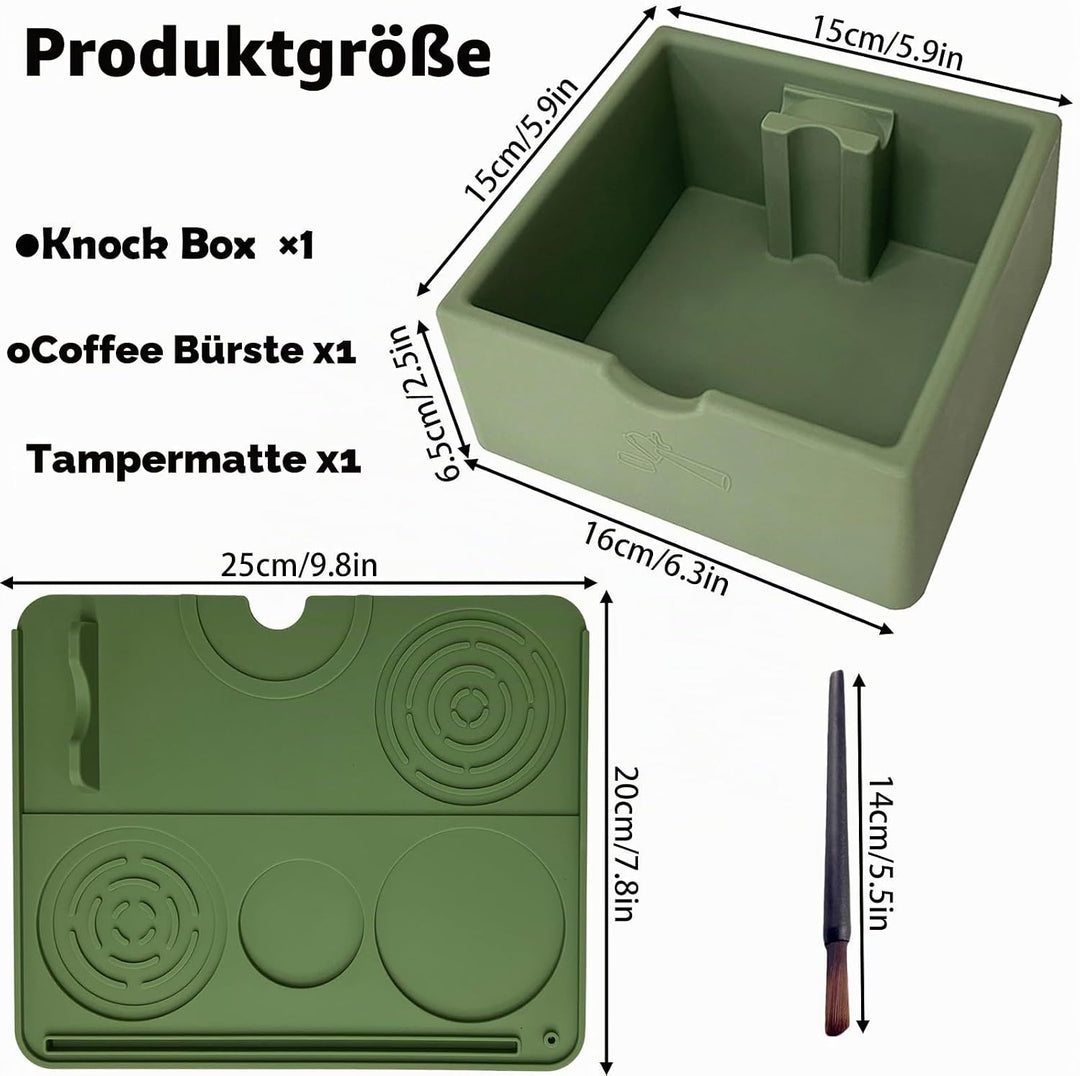 3 Stück Silikon Abklopfbehälter Set für Siebträger - Inkl. Grün Tampermatte (25x20cm), Knock Box (16