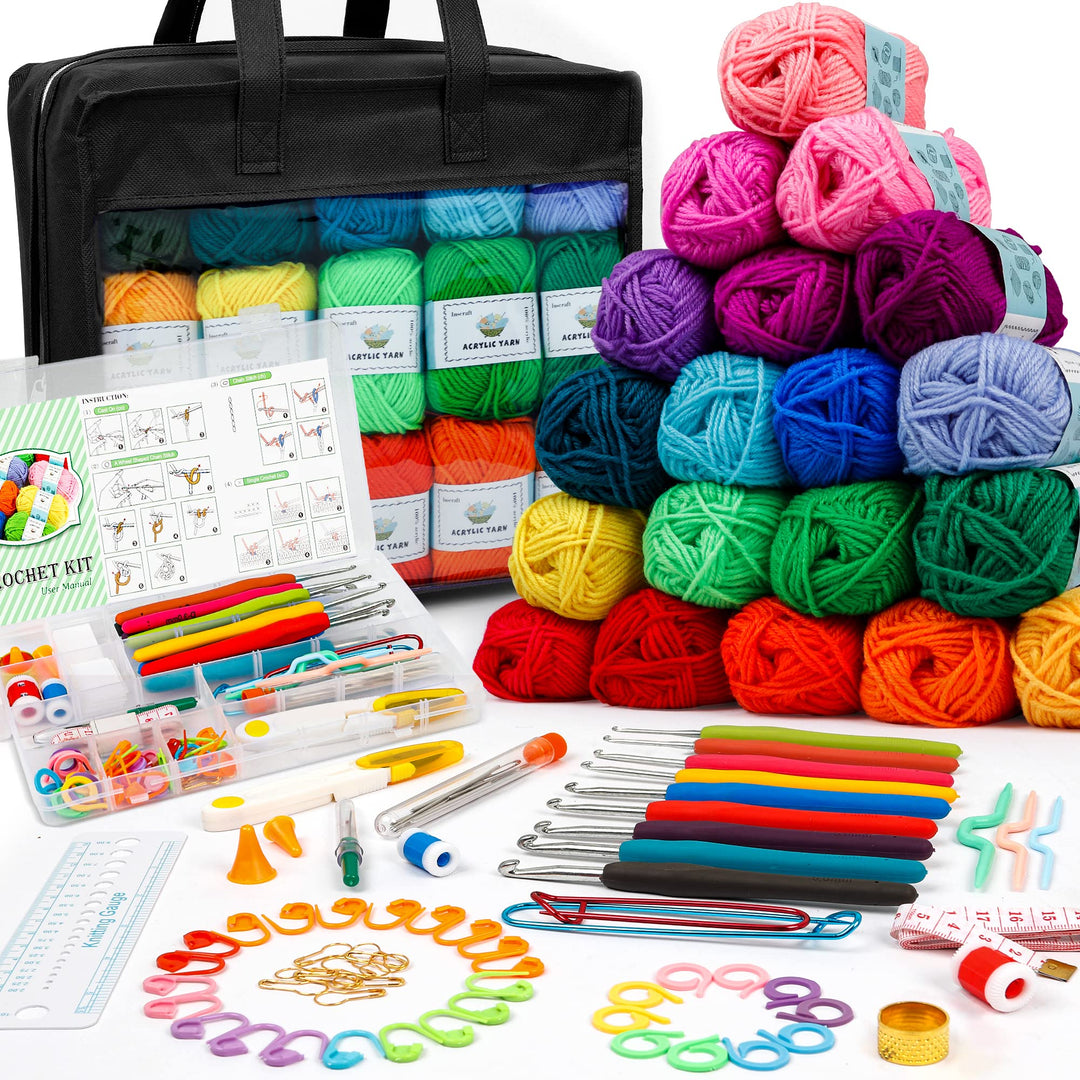 Inscraft Häkelwolle Set, 103 Stück Häkelgarn Set mit 2180yd Strickgarn in 30 Farben, Nädeln, Zubehör
