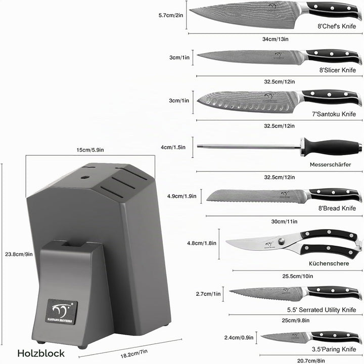Professionelles Japanisches Damaszener Stahl Küchenmesser Set 9 Teile mit Holzblock, beinhaltet Koch