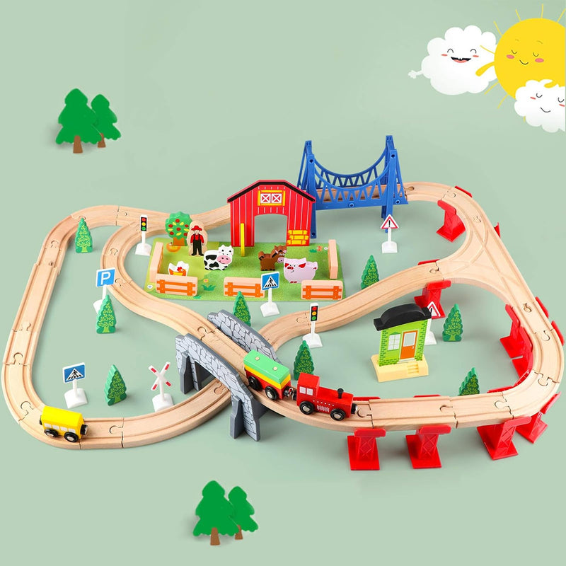 Jacootoys 80 Teile Holzeisenbahn Set Eisenbahn aus Holz Zug Spielzeug kombinierbar Spielzeugeisenbah