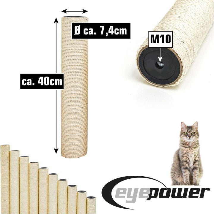 eyepower Sisal Ersatzstamm für Kratzbaum - 40 cm Ø 7,1 cm M10 - Pfotenfreund Kratzstamm rund Ersatzt