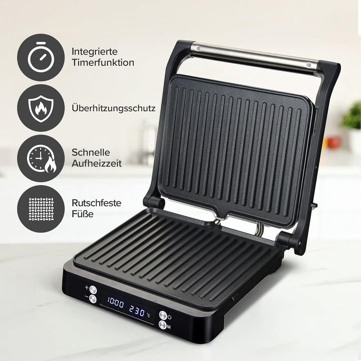 Olvy Sandwichmaker XXL, Digitaler Kontaktgrill mit Antihaftplatten, 3-in-1 Panini Maker, 180° offene