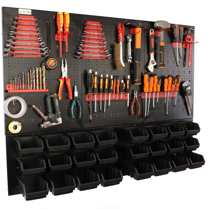 botle® Werkzeugwand Lochwand aus Metall, Stapelboxen + Wandregal + Werkzeughalter 51-tlg Set, Kleint