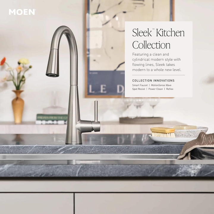 Moen 7864EWC Sleek Motionsense Wave Touch-Less Einhand-Küchenarmatur mit hohem Bogenauszug mit Refle