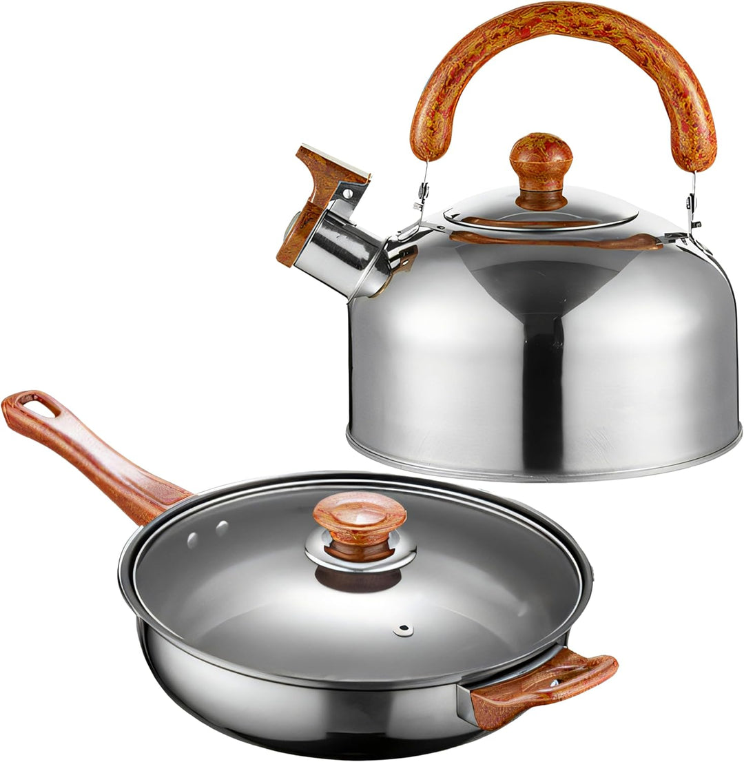 Retoo Topfset Edelstahl 12-teilig, Kochtopfset mit Glasdeckel & braunen Griffen, Töpfe Pfanne Wasser