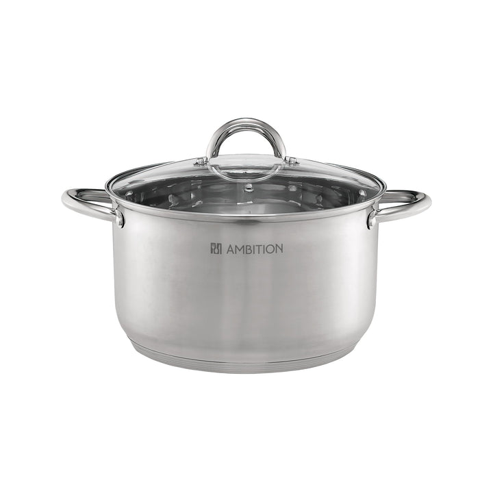 AMBITION Kochtopf mit Glasdeckel 20 cm Solar 3,5 l Edelstahltopf Induktion alle Herdarten Innenskala