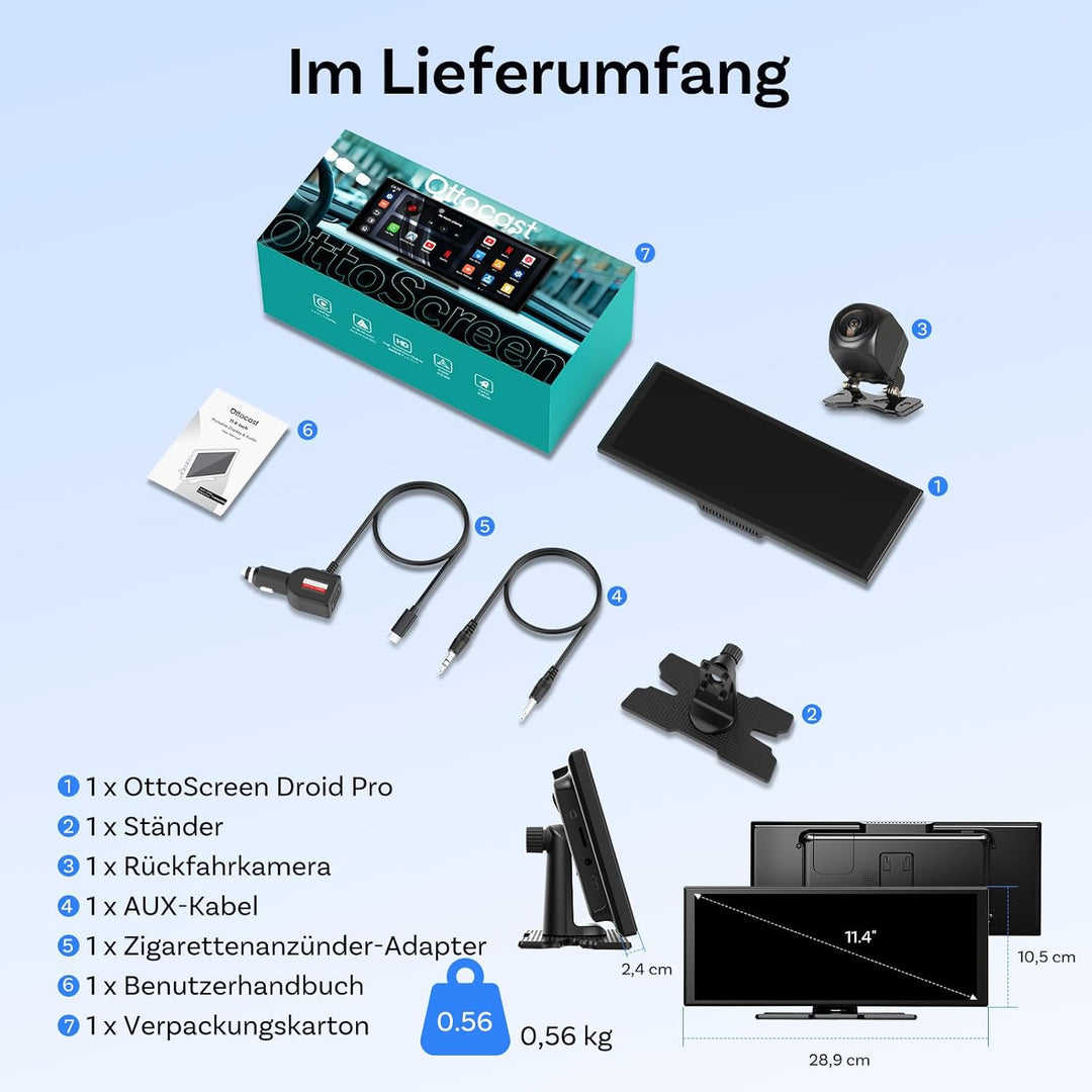 OTTOCAST ScreenFlow, Carplay Display mit YouTube, 11,4 Zoll Carplay Android Auto car Multimedia Play