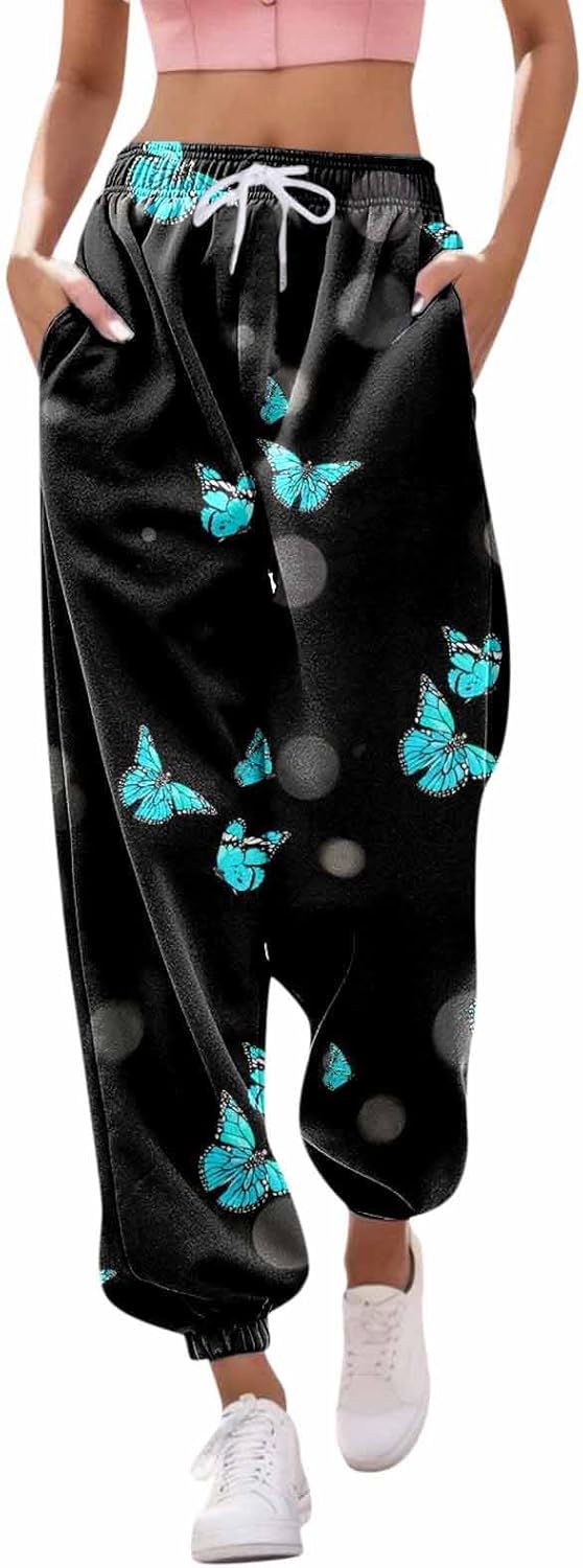 Jogginghose Damen, Damen Jogginghose Lang High Waist Trainingshose mit Taschen Schmetterling Drucken