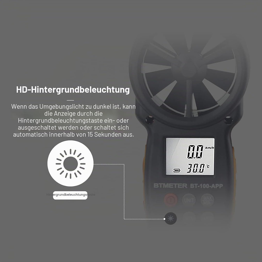BTMETER Anemometer Bluetooth Wireless Handheld, BT-100APP Digital Windmesser CFM Messgerät, LCD Wind