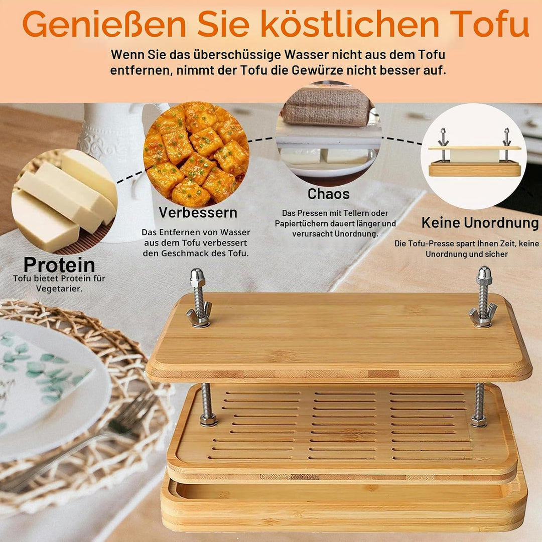Tofupresse, grosse Bambus-Tofu presse mit Tofu-Sieb, Abtropfschale und Seihtuch, BPA-frei, leicht zu
