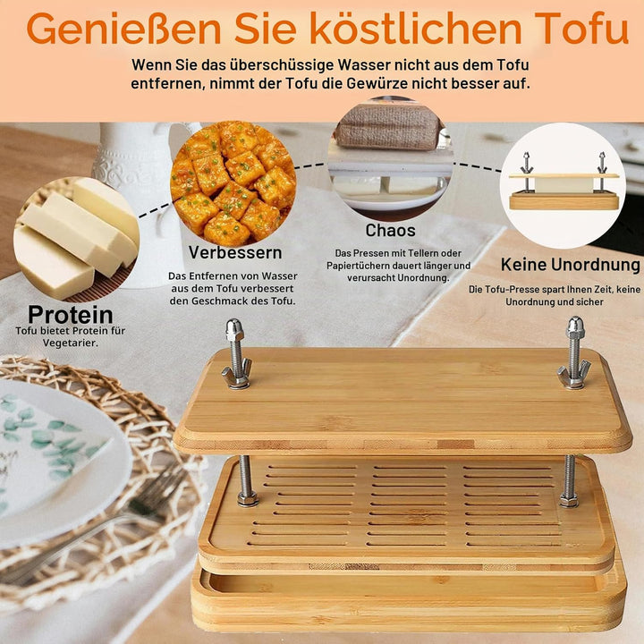 Tofupresse, grosse Bambus-Tofu presse mit Tofu-Sieb, Abtropfschale und Seihtuch, BPA-frei, leicht zu