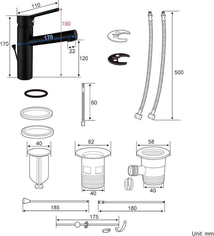 Wasserhahn Bad mit Zugstange, Waschtischarmatur Einhebelmischer mit Auslauf Höhe 120 mm, Mischbatter
