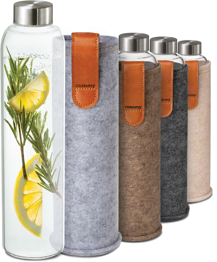 Cosumy Trinkflasche aus Glas mit Filzbeutel 750ml - Spülmaschinenfest - Auslaufsicher - BPA-Frei - f