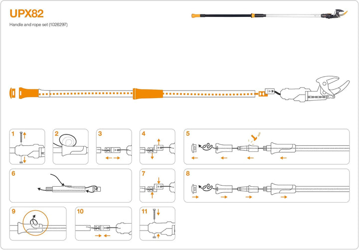 Original Ersatz-Griff und Seil für Fiskars Bypass Teleskop-Schneidgiraffe UPX82, Schwarz/Orange, 102