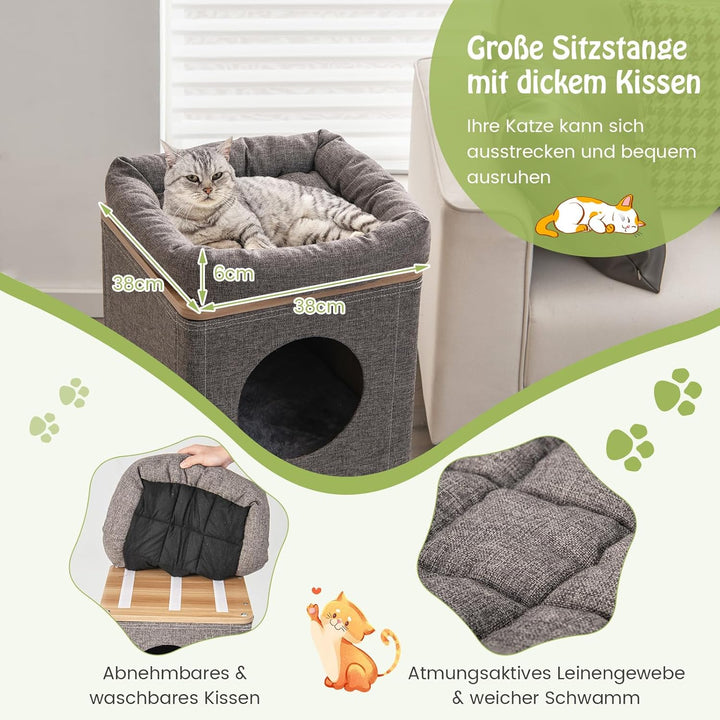GYMAX Kratztonne 77.5 cm hoch Ø 38 cm, Kratzbaum mit Katzentonne mit 2 Höhlen, Sitzplattform, Kratzb