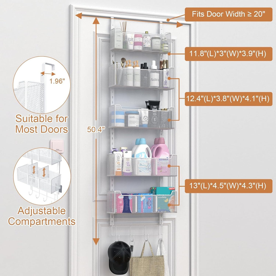 VyGrow Türorganizer, Metall-Türorganizer zum Aufhängen mit 5 verstellbaren Körben und Kleiderhaken,