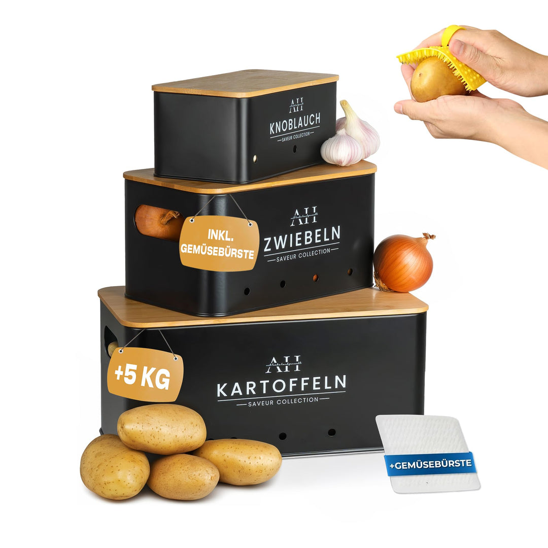 AH® Kartoffel Aufbewahrungsbox inkl. Gemüsebürste [4er Set]- zwiebeltopf, kartoffelbox - Geeignet fü