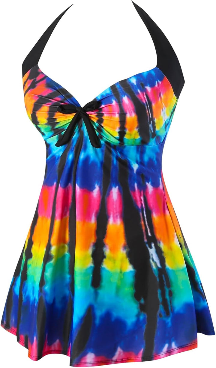 Damen Einteiler Badekleid Blumen Muster Gepolstert Badeanzug mit Shorts Grosse Grössen Bademode 4XL
