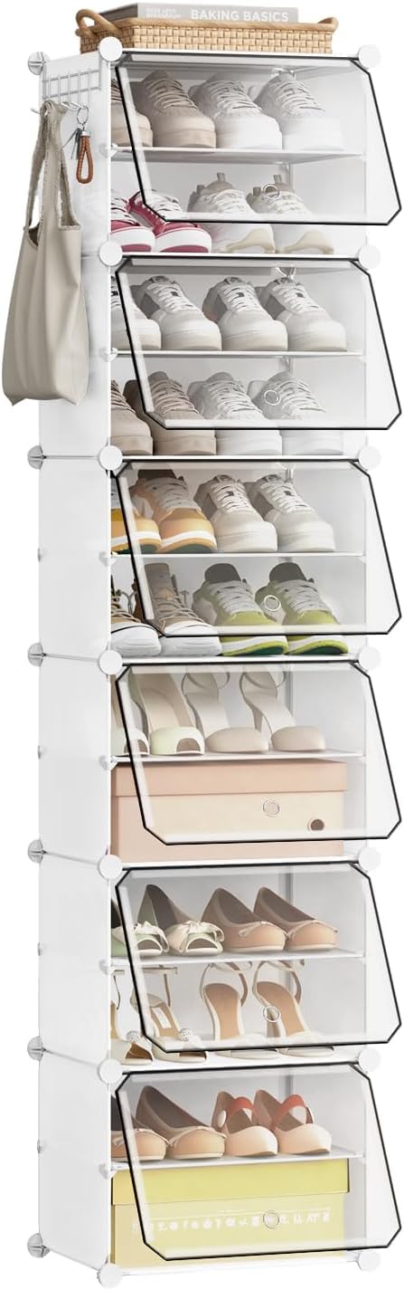 WOLTU Schuhregal, Schuhschrank mit 12 Fächern, Platzsparend, Mit Haken, Schuhablage Kunststoff, für
