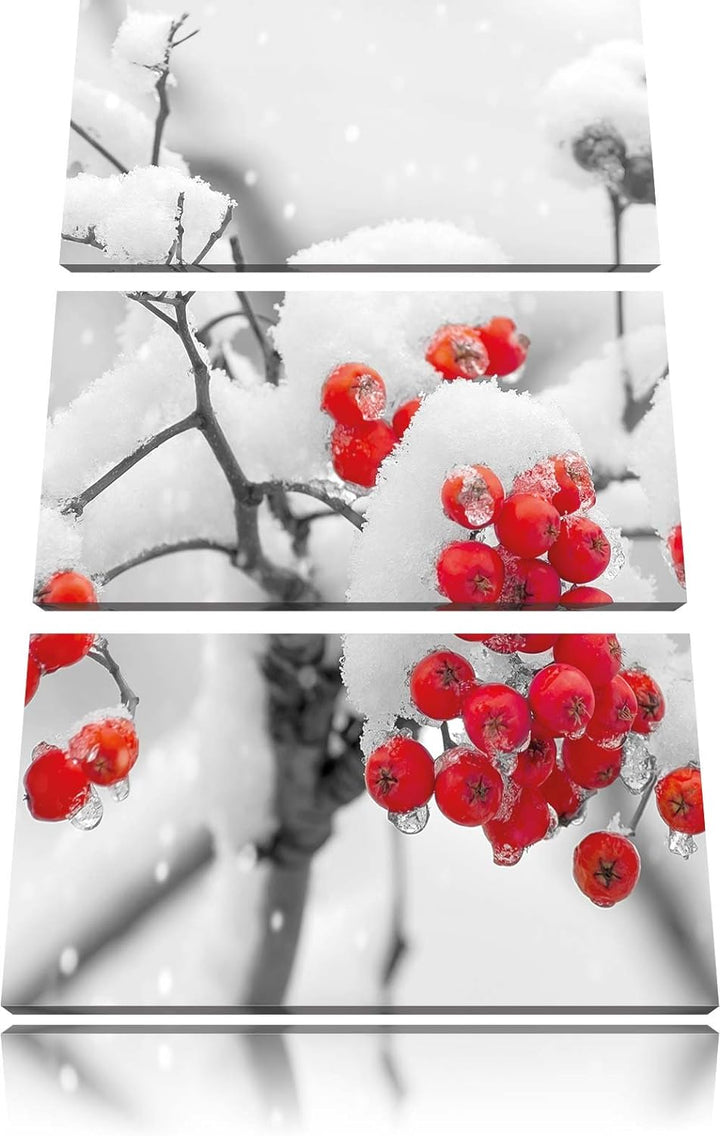 Pixxprint Rote Vogelbeeren im Winter 3-Teiler Leinwandbild 120x80 Bild auf Leinwand