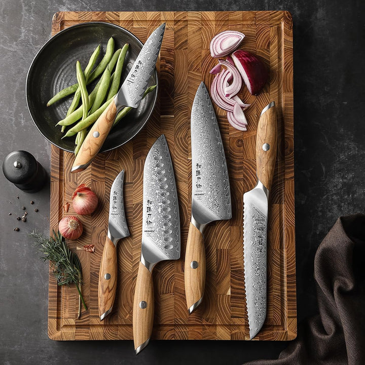 HEZHEN Damast Küchenmesser Set 5-Teilig, Professionelles Damaszener Stahl Kochmesser Set Santoku Mes
