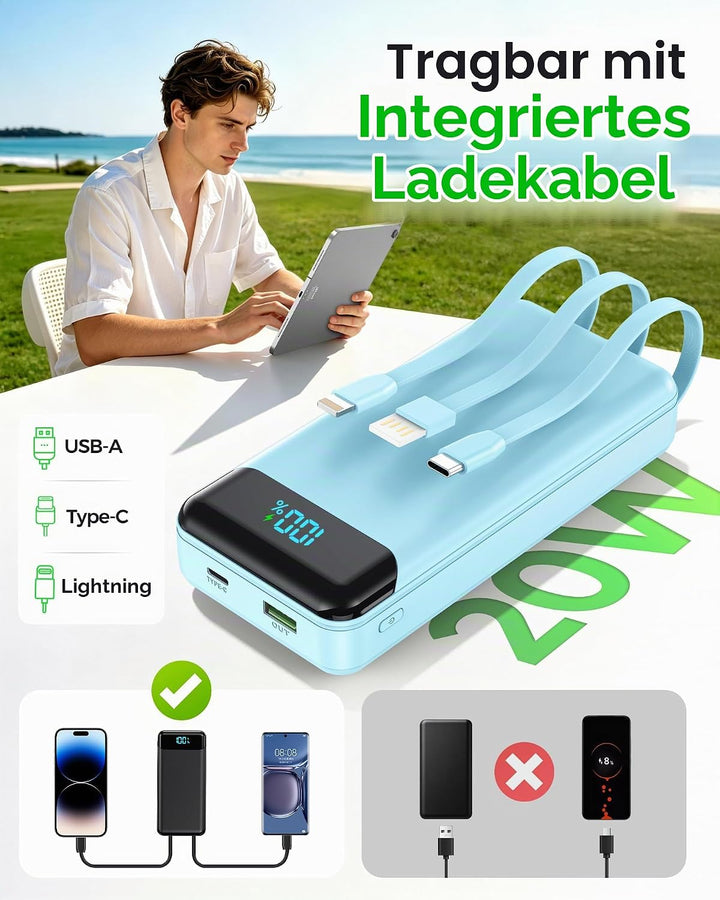 Enerwow Power Bank 27000mAh, Powerbank Schnellladen mit Integriertem USB-C Kabel, 4 Ausgänge &amp; 3 Ein