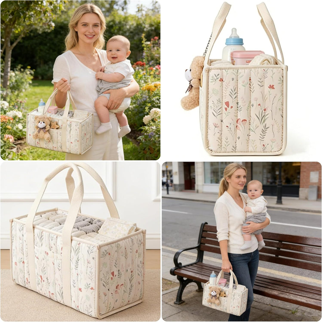 XQLY Windel-Caddy Organizer mit süssem Bären-Anhänger, Wildblumen-Blumenmuster, tragbarer Baby-Kinde
