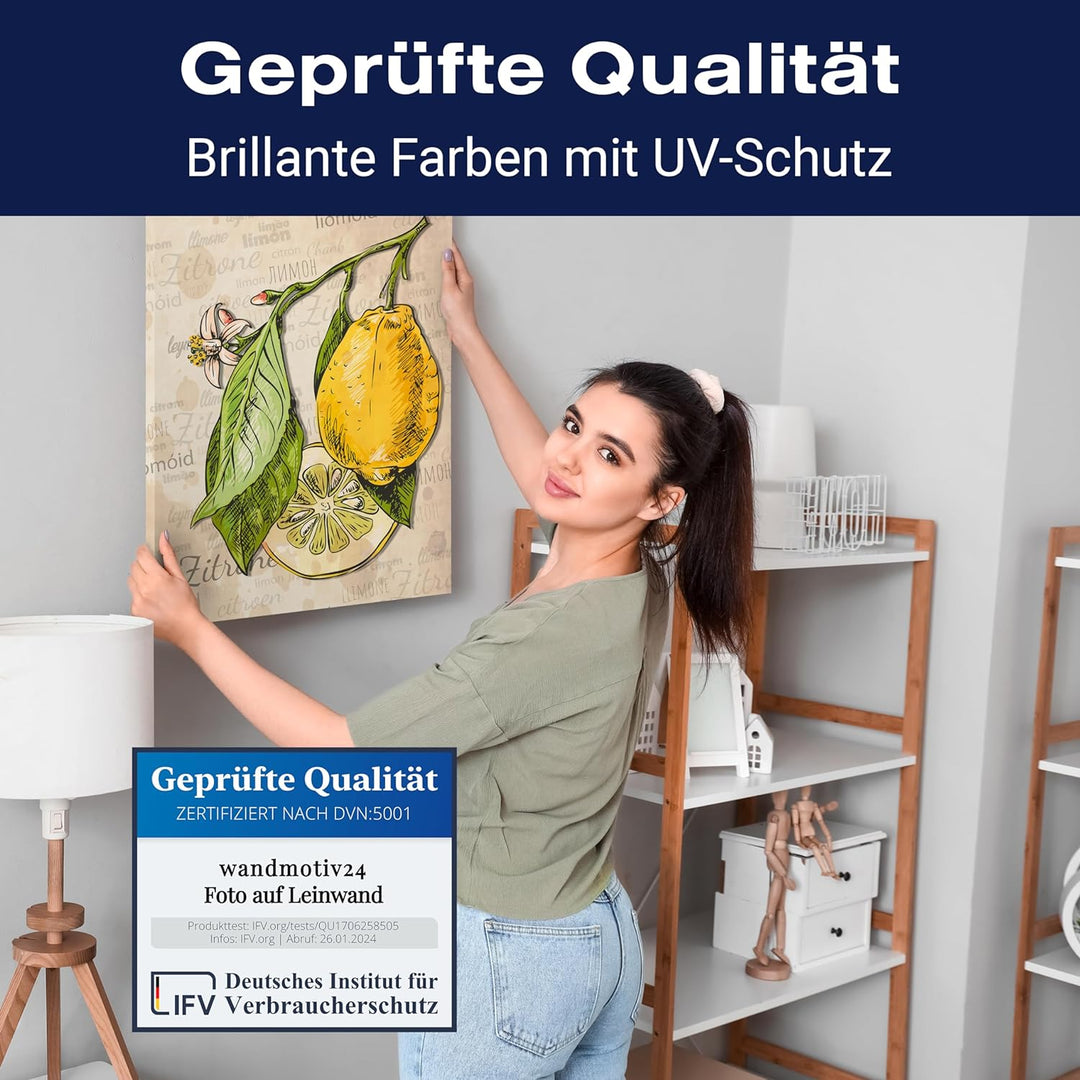 wandmotiv24 Obst & Gemüse als Leinwandbild, 60x45cm, Hochformat, Zitrone, Zeichnung, Küche, Lebensmi