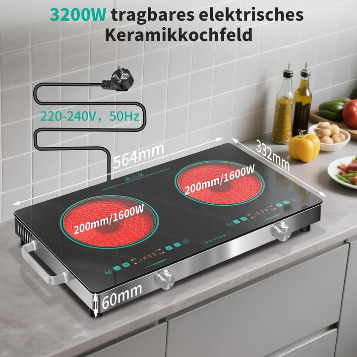 NOXTON Glaskeramikkochfeld 2 Platten Tragbar, Elektrische Herdplatte und Kochplatte Freistehend mit