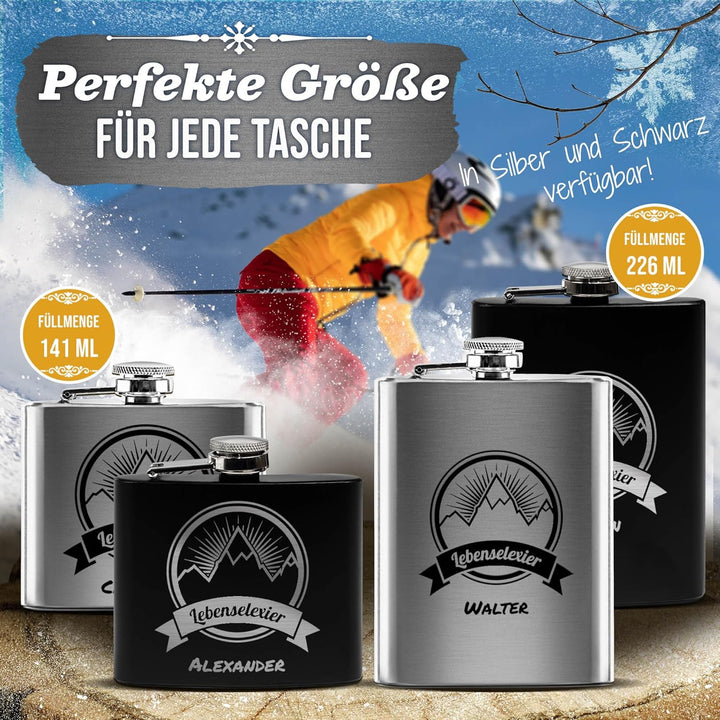 Flachmann mit Gravur aus Edelstahl selbst gestalten - Lebenselexier - mit Name gravieren - Geschenk