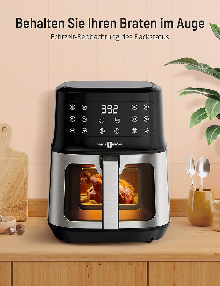 PARIS RHÔNE Heissluftfritteuse 5L XXL mit Sichtfenster, 8-in-1 airfryer spülmaschinenfest mit One-To