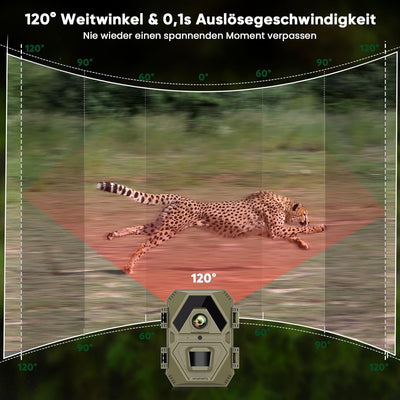 Wosports Wildkamera 24MP 1440P Video Wildtierkamera mit Nachtsicht Bewegungsmelder, 850 nm IR-LEDs N