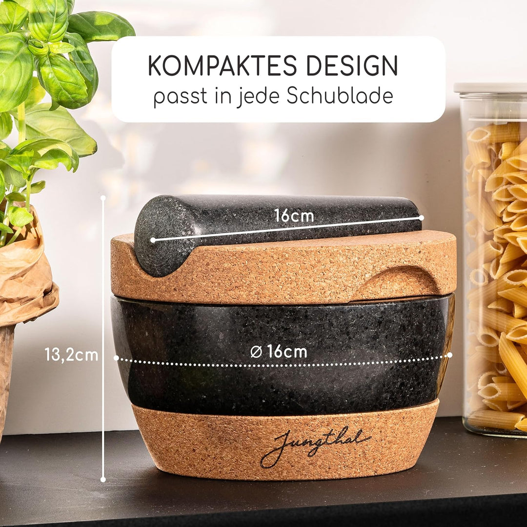 Mörser mit Stössel im Set | Granit | Korkbasis | Korkdeckel | XXL gross für Gewürze & Kräuter