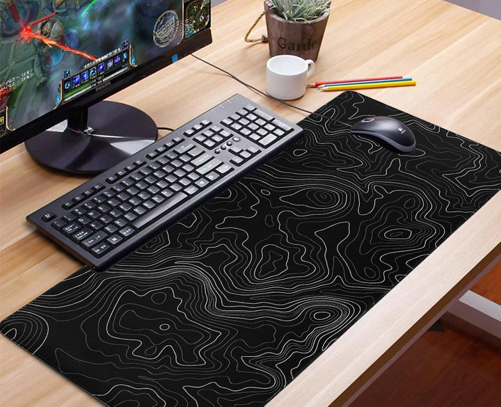 Niviy Mauspad Schwarz Topografische Karte 900x400mm | Waschbares XXL Gaming Mousepad mit genähten Ka