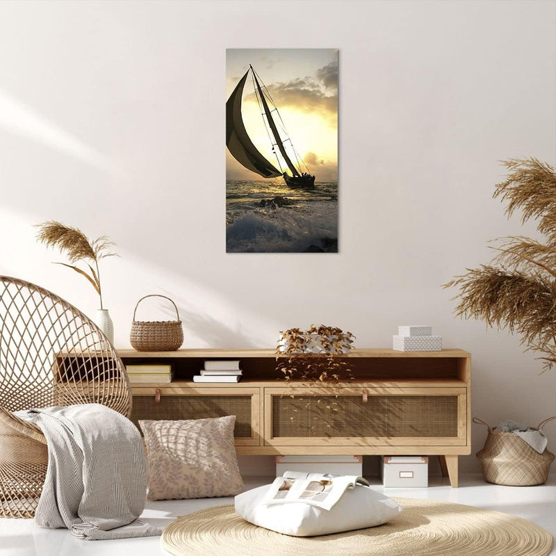 Bilder auf Leinwand 55x100cm Leinwandbild mit Rahmen Schiff Sonnenuntergang Sonne Landschaft Gross W