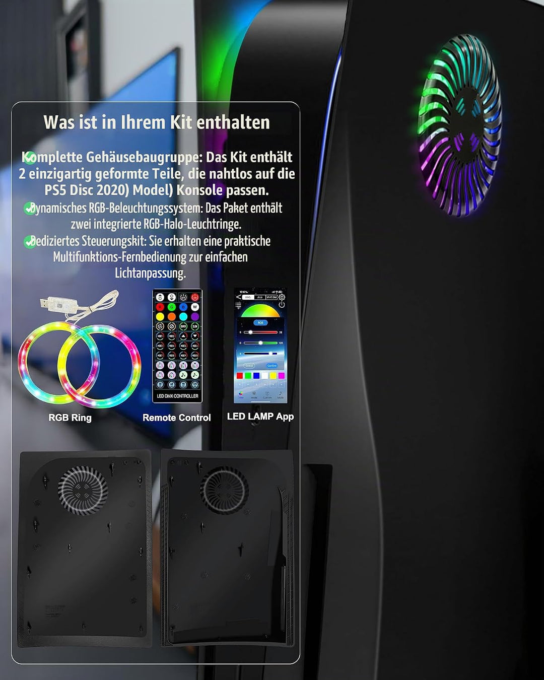 Joso Frontblende für PS5 Disc Edition, Kratzfeste, staubdichte Ersatzhülle mit RGB-Ring, Abdeckung p