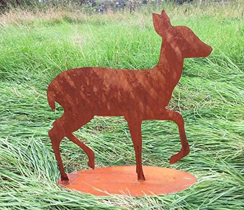2er Set REH gehend 56cm mit Rehkitz zurück schauend 37cm Hirsche Kitz Geweih Rehe Rost Edelrost Meta