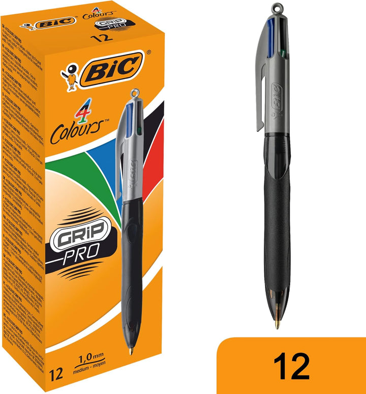BIC 4 Farben Kugelschreiber Set 4 Colours Grip Pro, mit gummierter Griff-Fläche, 12er Pack, Ideal fü